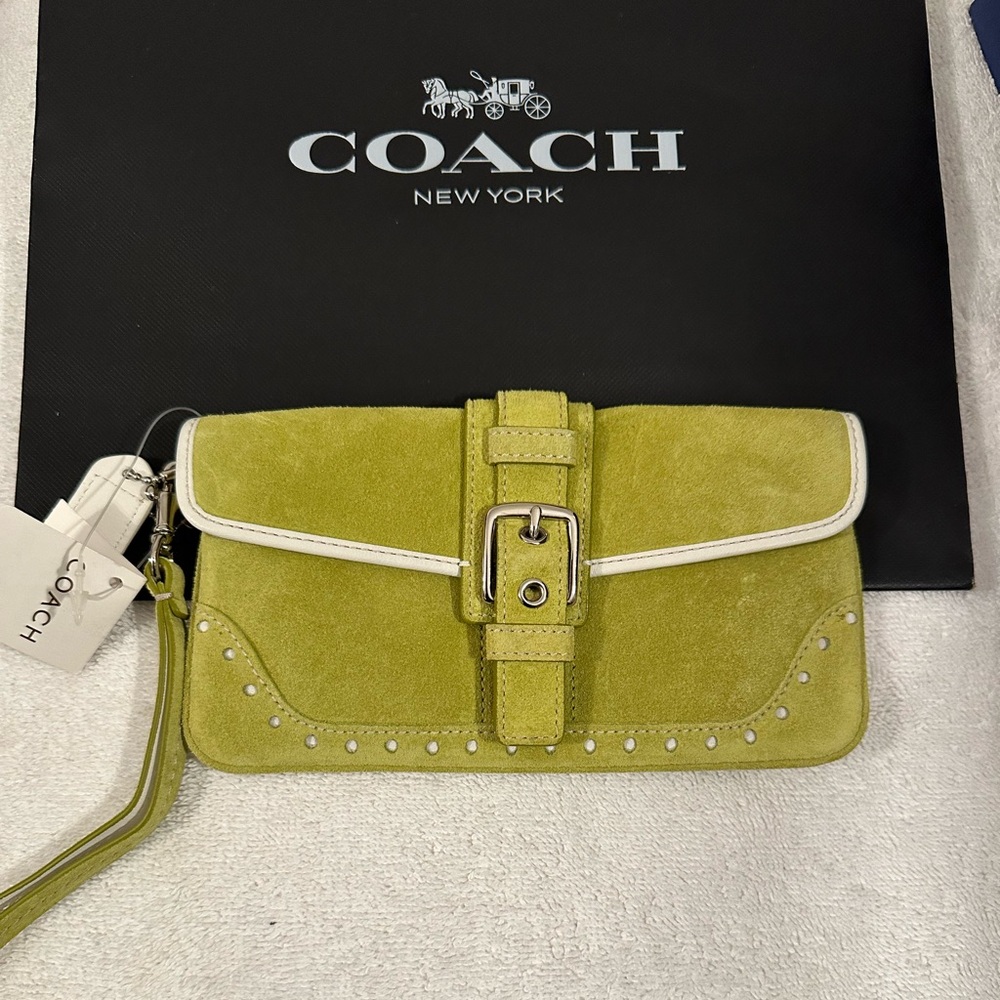 NWT Coach Green Suede Wristlet Bag